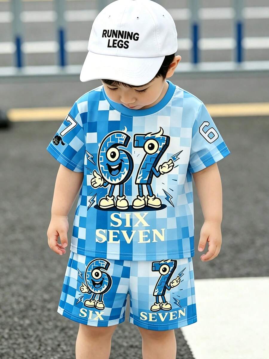 Young Boy Letter & Number Print Short Sleeve T-Shirt And Shorts Casual Daily Set,Ports Retro American Color Block Loose Comfortable Short Sleeve - Multicolor - View 1