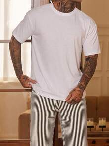 DAZY Short Sleeve Top & Striped Long Pants Loose Fit Embroidered Pattern Multi-Color Men's Loungewear Set - Multicolor - View 1