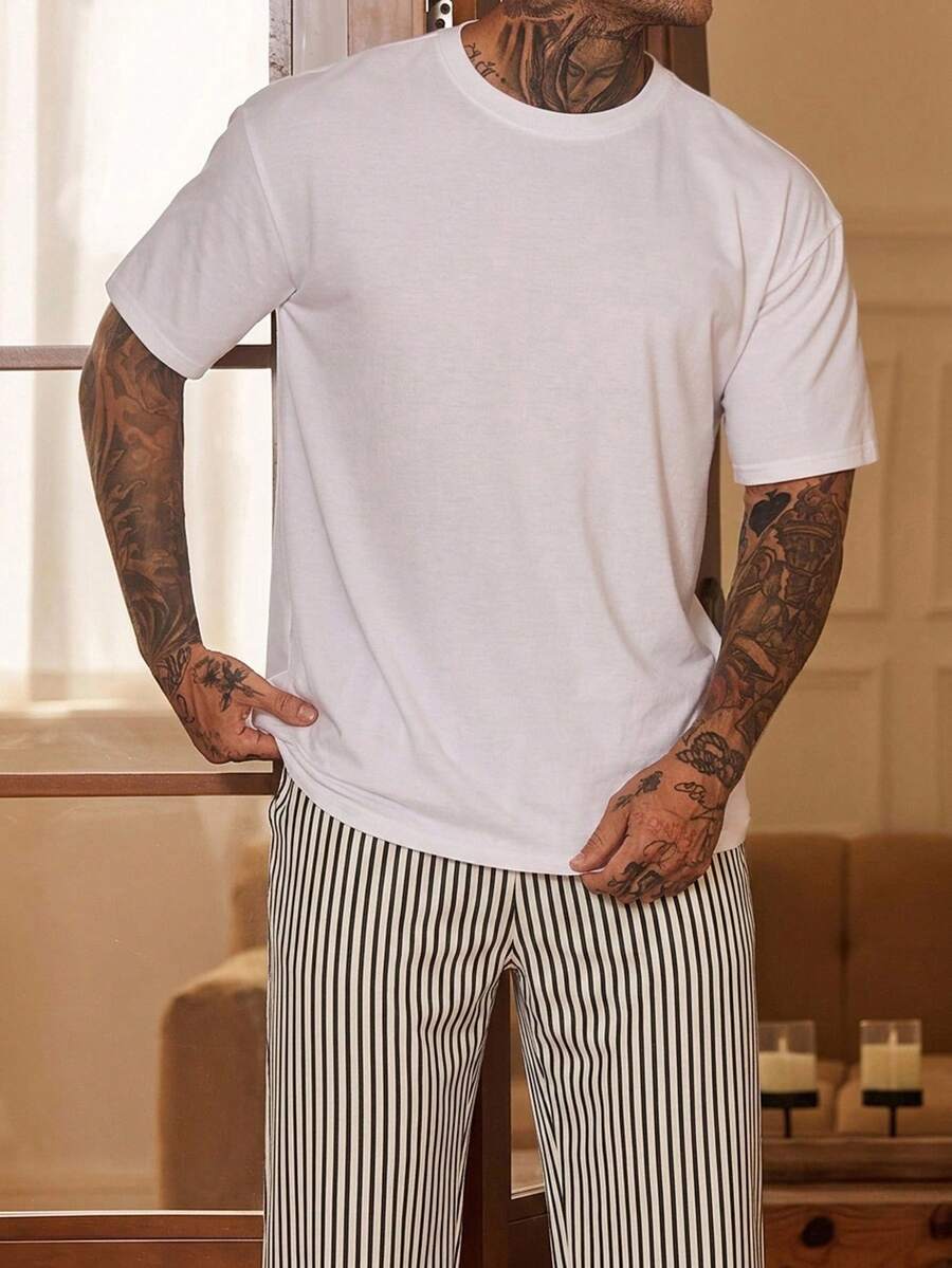 DAZY Short Sleeve Top & Striped Long Pants Loose Fit Embroidered Pattern Multi-Color Men's Loungewear Set - Multicolor - View 1
