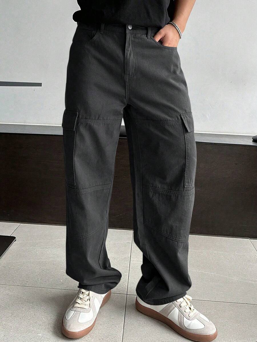 DAZY Autumn Solid Color Men's Cargo Pocket Straight Leg Loose Casual Pants - Black - View 1