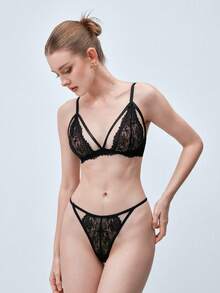 Softvol Wireless Lace Patchwork Women's Lingerie Set - Black - View 4
