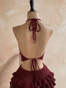 Soleia Women's Spring/Summer Romantic Tropical Boho Vacation 2 Pieces Set: Draped Neck Crochet Tank Top, Steel Bead Tassel Decor + Multi-Layer Ruffle Skirt - Burgundy - View 8