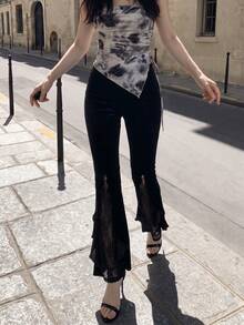 SHEIN MOD Black Date Night Romantic Contrast Lace Ruffle Trim Velvet Flare Leg Pants - Black - View 10