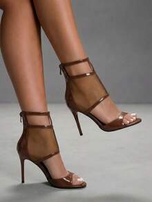 CUCCOO SZL Sandalias de tacón alto elegantes y sexys para mujer con diseño de malla transpirable y hueco, zapatos para banquetes y fiestas, botas frescas, tacones para graduación, zapatos de verano - Marrón - Ver 6