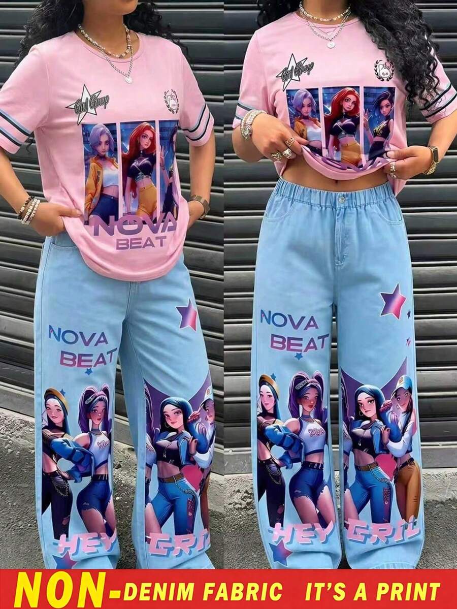 Genkimix Kids 两件套少女套装,采用数码印花技术,粉色上衣印有“NOVA BEAT”字样和卡通女孩星形图案,圆领短袖T恤搭配宽松休闲阔腿裤,整体运动休闲风格,适合日常穿着、学校活动以及春夏季节。 - 彩色 - 查看 1
