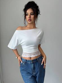 Elenzga Summer Women's Lace Top White T-Shirt, Casual Outing Top, Commuter Basic Fitted Tee, Beach Fashion Holiday, Elegant Birthday Airport Travel Wear, Short Sleeve T-Shirt - White - View 5