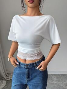 Elenzga Summer Women's Lace Top White T-Shirt, Casual Outing Top, Commuter Basic Fitted Tee, Beach Fashion Holiday, Elegant Birthday Airport Travel Wear, Short Sleeve T-Shirt - White - View 6