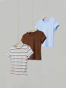 SHEIN BASICS 女款簡約百搭圓領短袖T恤 3件組 日常穿著 - 彩色 - 查看 5