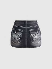 ROMWE J-Fashion Y2K復古蝶繡可調式對比縫線女款大尺碼牛仔迷你裙 - 黑色 - 查看 5