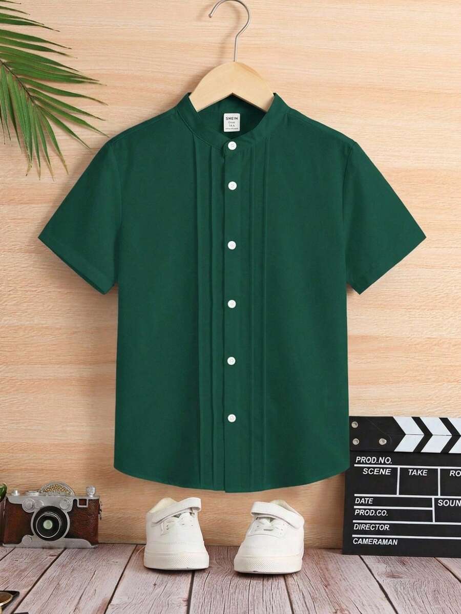 SHEIN Kemeja Lengan Pendek Berlipit Kancing Tunggal untuk Remaja Laki-Laki, Cocok untuk Acara Santai. - Hijau - View 1