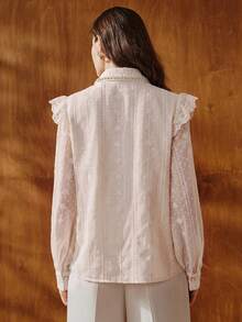 Anewsta Kemeja Wanita Bordir Bulu dan Manik-Manik Tebal dengan Kerah Berlipat, Blus Lengan Panjang Berenda dan Ruffle - Aprikot - View 3