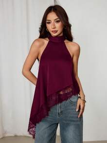 SHEIN PETITE 不對稱高領掛脖上衣，蕾絲飾邊，適合晚宴派對雞尾酒會 - 中紫紅色 - 查看 9