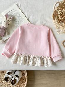 SHEIN 女嬰時尚刺繡蕾絲下擺印花運動衫 - 粉色 - 查看 2