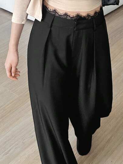 DAZY Women's French Elegant Lace Patchwork Pleated Long Pants With Pockets