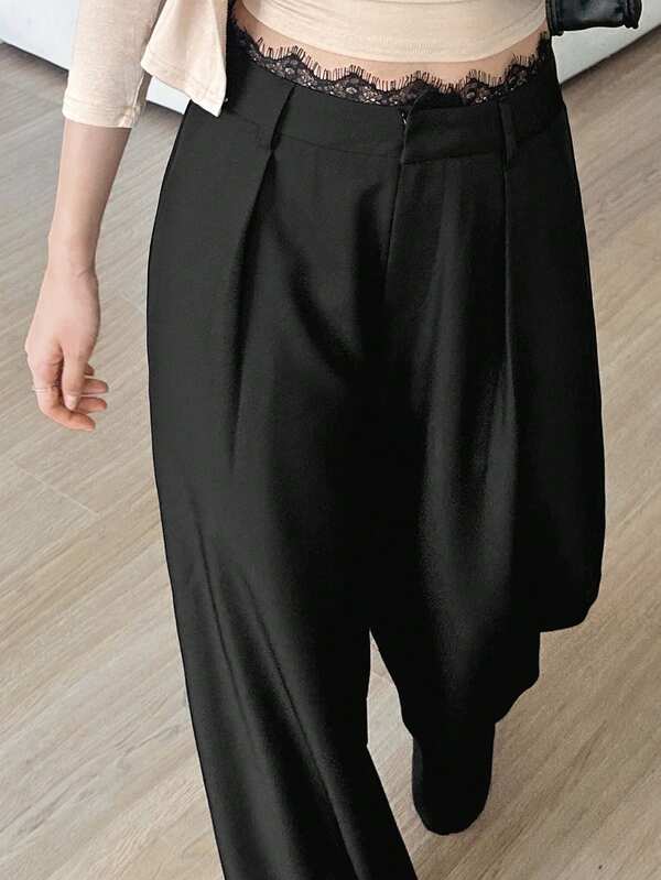 DAZY Women's French Elegant Lace Patchwork Pleated Long Pants With Pockets