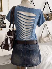 Lalippa 女款時尚水鑽與仿珍珠裝飾不對稱肩 T-shirt - 彩色 - 查看 2