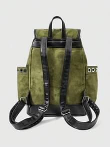 ROMWE Grunge Punk Gothic Witch Embroidery Backpack Moonworm Fern Plant Extract Backpack, Suede Drawstring Fringed School Bag - Dark Green - View 4