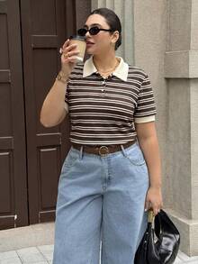 Dripcurv 大尺碼女款春季黑白條紋 Polo T恤，極簡休閒度假穿搭，女款休閒上衣，女款運動服 - 棕色 - 查看 7