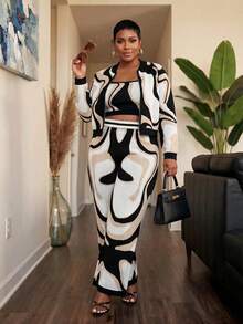 Slaydiva Ensemble 3 pièces pour femmes grande taille, style décontracté élégant d'automne, veste zippée à manches longues en tricot crochet géométrique, débardeur camisole et pantalon ample, motif intégral blanc et noir - Multicolore - Voir 6