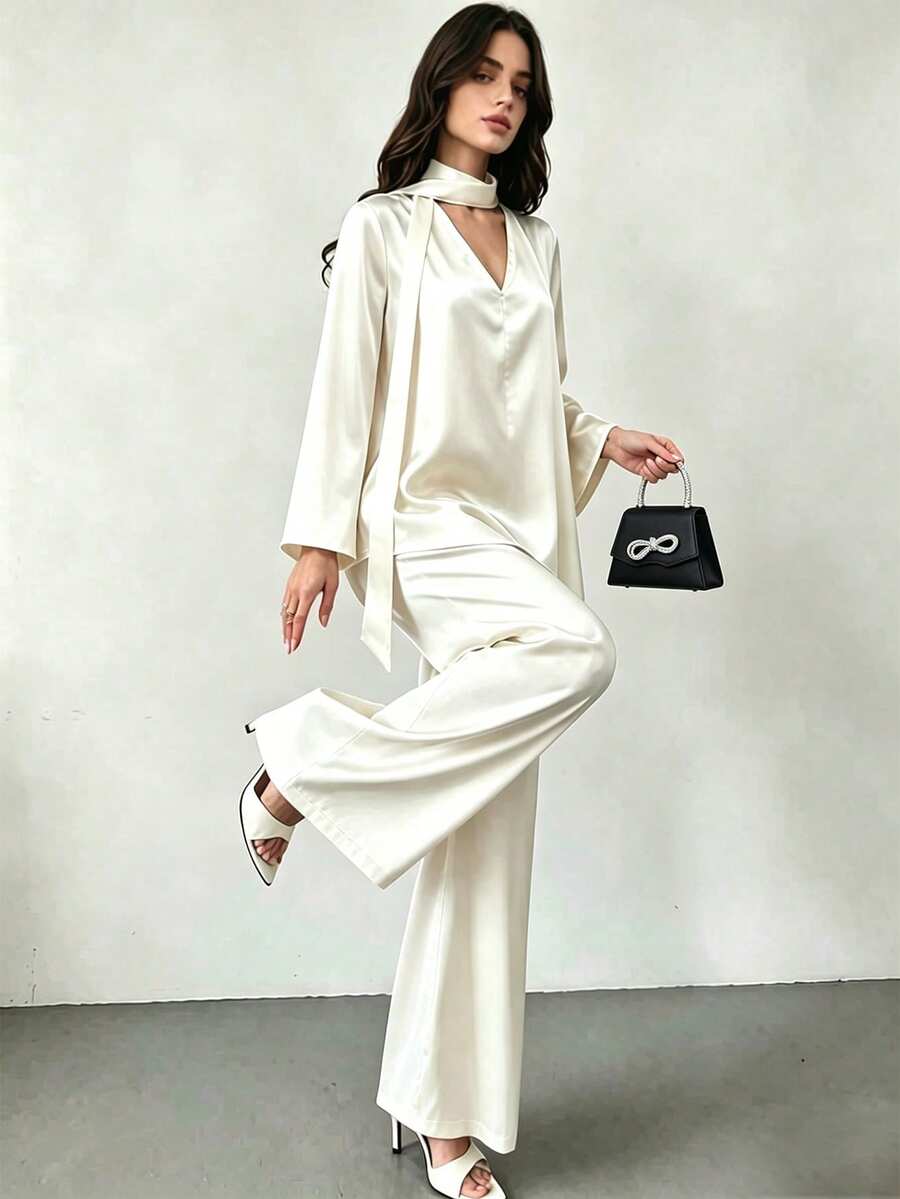 Modelyn V-Neck Tie Flare Sleeve Satin Top & Loose Wide Leg Pants 2 Pieces Set, Champagne Color