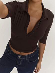 SHEIN BAE 女款休閒優雅極簡通勤上班短袖 Polo 領上衣，梅紅色上衣，紫色上衣，藕紫色上衣，外出上衣，休閒上衣，辦公室上衣，教師上衣 - 咖啡棕 - 查看 7