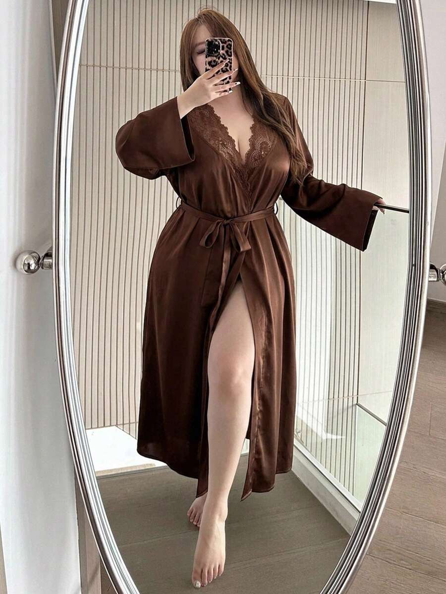 Dazy Plus Solid Color Satin Contrast Lace Sexy Loose Tie-Front Plus Size Women's Spring/Autumn Loungewear Robe - Brown - View 1