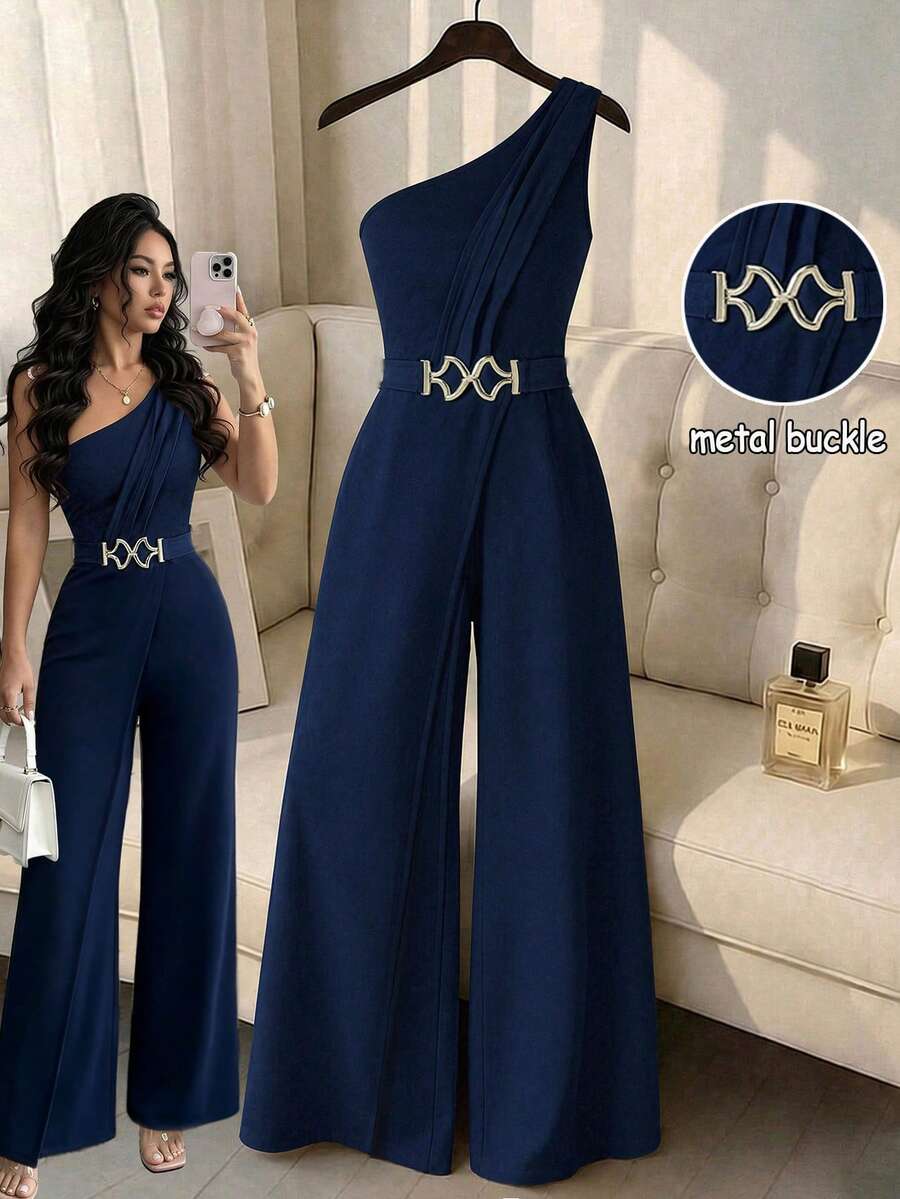 Elenzga Jumpsuit Wanita Warna Polos untuk Pakaian Kasual Sehari-hari - Navy Blue - View 1