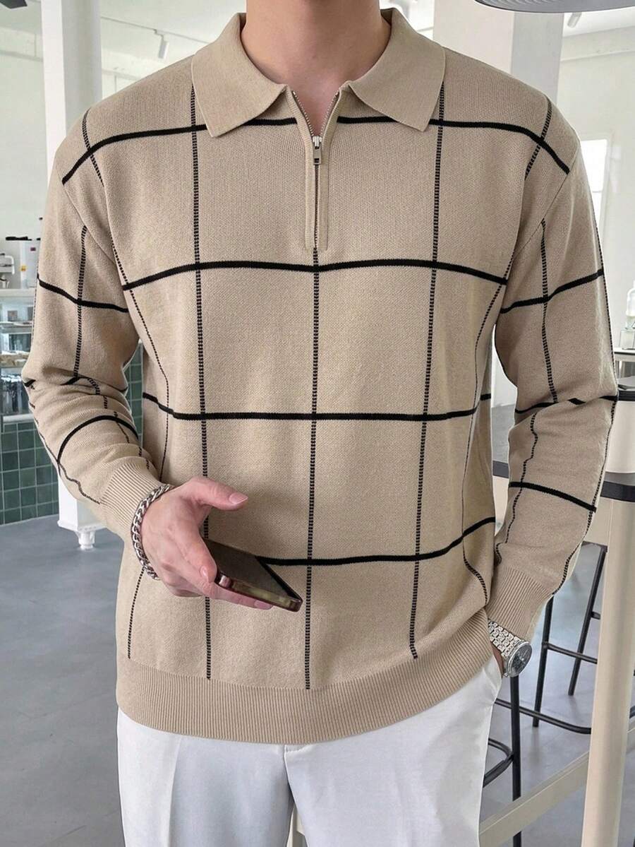 DAZY 男士長袖 Polo 領針織上衣,卡其色與黑色裝飾條紋,春秋款 - 卡其色 - 查看 1