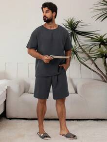 DAZY Conjunto de pijama de verano gris sólido para hombres, ropa de vuelta al colegio - Gris Oscuro - Ver 5