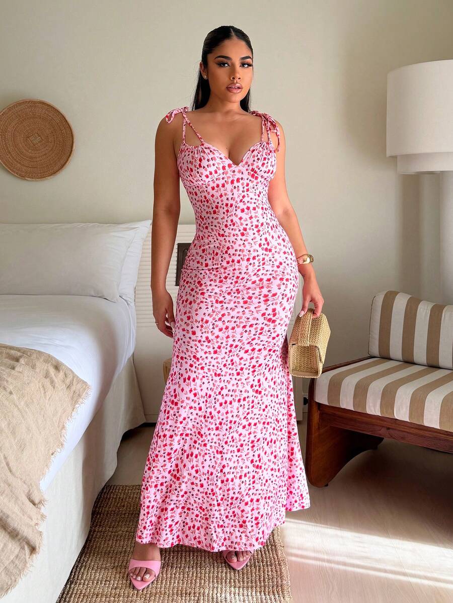 Maria Perezxox 女款碎花前綁帶緊身洋裝 度假派對優雅風 - 彩色 - 查看 1