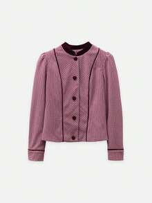 Nöista Burgundy And Ecru Gingham Check Jacket With Velvet Collar And Buttons. Elegant, Office Wear, Dinner Plans Social Jacket. Fall,Autumn Winter Outfit.. - Burgundy - View 8