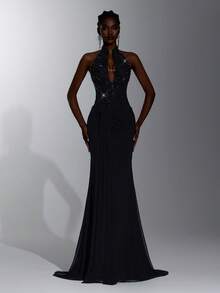 Elitara Elegant Romantic Fashion Sexy Black Elastic Mesh Sequin Embroidered Patchwork Pleated Decor Cup Chinese Collar Mermaid Skirt Elegant Party Dress Party Vacation Birthday Wedding Guest Dress Bachelorette Party Dress Formal Evening Dress - Black - View 4