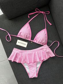 Swim Mod 新款女款泳衣套裝，夏季新品，海灘與海邊百搭 2 件套，甜美系列，粉色調，分體式，熱銷粉色與白色條紋印花搭配海洋五星小飾品裝飾，可調節背部上衣，荷葉邊蓬鬆裙下擺配細粉色對比飾邊，適合夏季甜美風海灘、海邊、泳池、度假穿著與搭配 - 粉色 - 查看 2