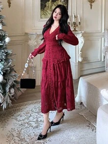 Dazy Tall Women's Deep V-Neck Long Sleeve Cinched Waist Lace Fabric Red Dress Fall - Red - View 8