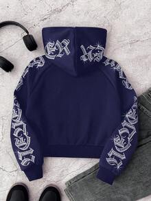 SHEIN 青少年女孩哥德風文字鑲鑽短版拉鍊連帽衛衣，秋冬長袖上衣，畢業穿搭，返校穿搭 - 藍色 - 查看 2