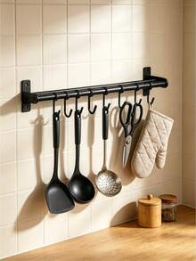 1 pieza Gancho de cocina montado en la pared sin perforación, estante multifuncional para almacenar utensilios de cocina del hogar. - Negro - Ver 9