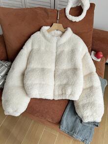 Comfortcana Plus Size Women's Casual Elegant Baggy Smart Vintage American Style White Fuzzy Warm Short Padded Coat Winter Office Going Out Formal Homewear - Beige - View 5
