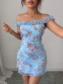 Selianne Women's Light Pink Spring/Summer Off-The-Shoulder Elegant Romantic Mesh Printed Ruched Waist Short Dress, Suitable For Wedding Season, Party, Date, Shopping And Other Occasions - Blue - View 4
