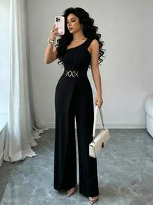 Elenzga Women's Metal Waist Design One-Shoulder Jumpsuit - Black - View 5