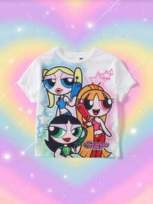 THE POWERPUFF GIRLS X SHEIN Women's Pentagram Print Short Sleeve T-Shirt - White - View 3