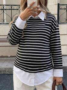 SHEIN Maternity Collared White Pattern Casual Soft Form 1960s Normal Loose Sweatshirt Autumn Outfit For Women Winter Gender Reveal Formal Homewear Office - Black - View 9