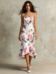 SHEIN Franclia Women's Pink Floral Rose Pattern Elegant Mermaid Hem Dress,Spaghetti Strap Summer Dress For Garden Party,Wedding,Vacation And Daily Wear Yisikado - Multicolor - View 1