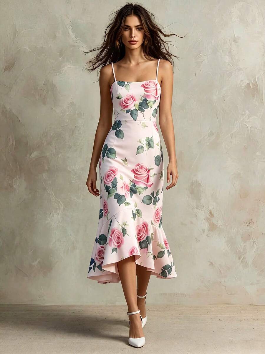 SHEIN Franclia Women's Pink Floral Rose Pattern Elegant Mermaid Hem Dress,Spaghetti Strap Summer Dress For Garden Party,Wedding,Vacation And Daily Wear Yisikado - Multicolor - View 1