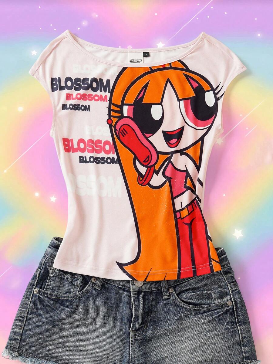 THE POWERPUFF GIRLS X SHEIN Women's Cartoon Pattern Letter Print Contrast Color Fashion Cute Y2k T-Shirt School Teacher White Summer - Pink - View 1