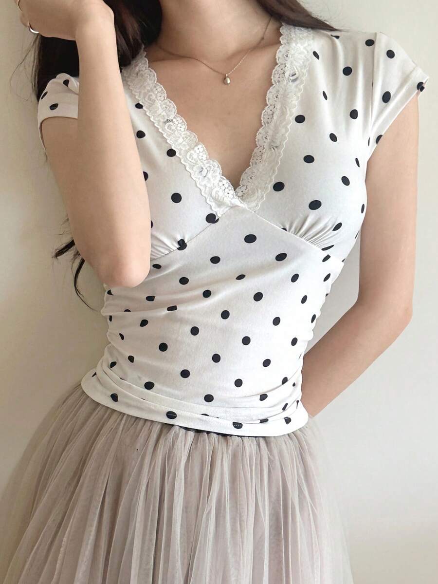 DAZY Polka Dot Contrast Lace Elegant Vacation Slim Fit Short Sleeve T-Shirt - White - View 1