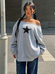 SHEIN EZwear 淺灰色女款不對稱肩寬鬆休閒長袖衛衣，簡約日常百搭派對機場 Y2K 上衣，印花圖案，夏季外出穿搭 - 淺灰色 - 查看 3