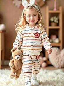女嬰 1 套秋季復古條紋花卉連帽衛衣與收口長褲套裝，舒適秋季日常穿搭 - 彩色 - 查看 3