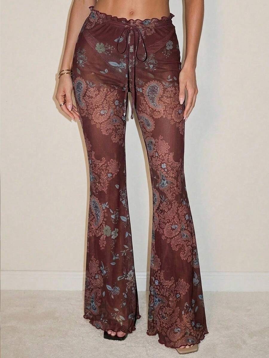 SHEIN ICON 女款時尚性感波希米亞風圍裹式佩斯利印花透視長褲 派對沙灘穿搭 酒紅色 秋冬 - 棕色 - 查看 1