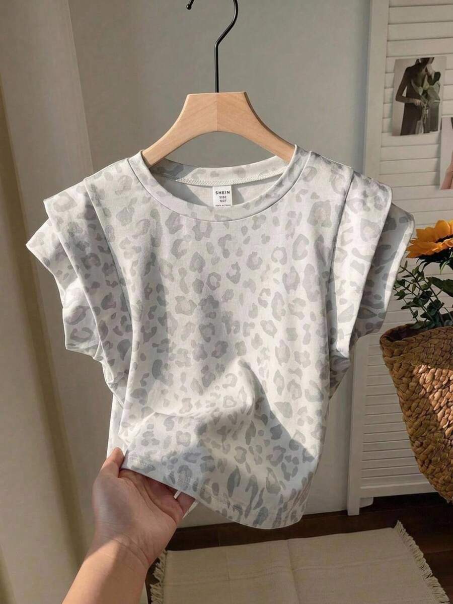 SHEIN Tween女孩休閒淺灰色豹紋落肩袖時尚優雅修身寬鬆T恤 - 灰色 - 查看 1