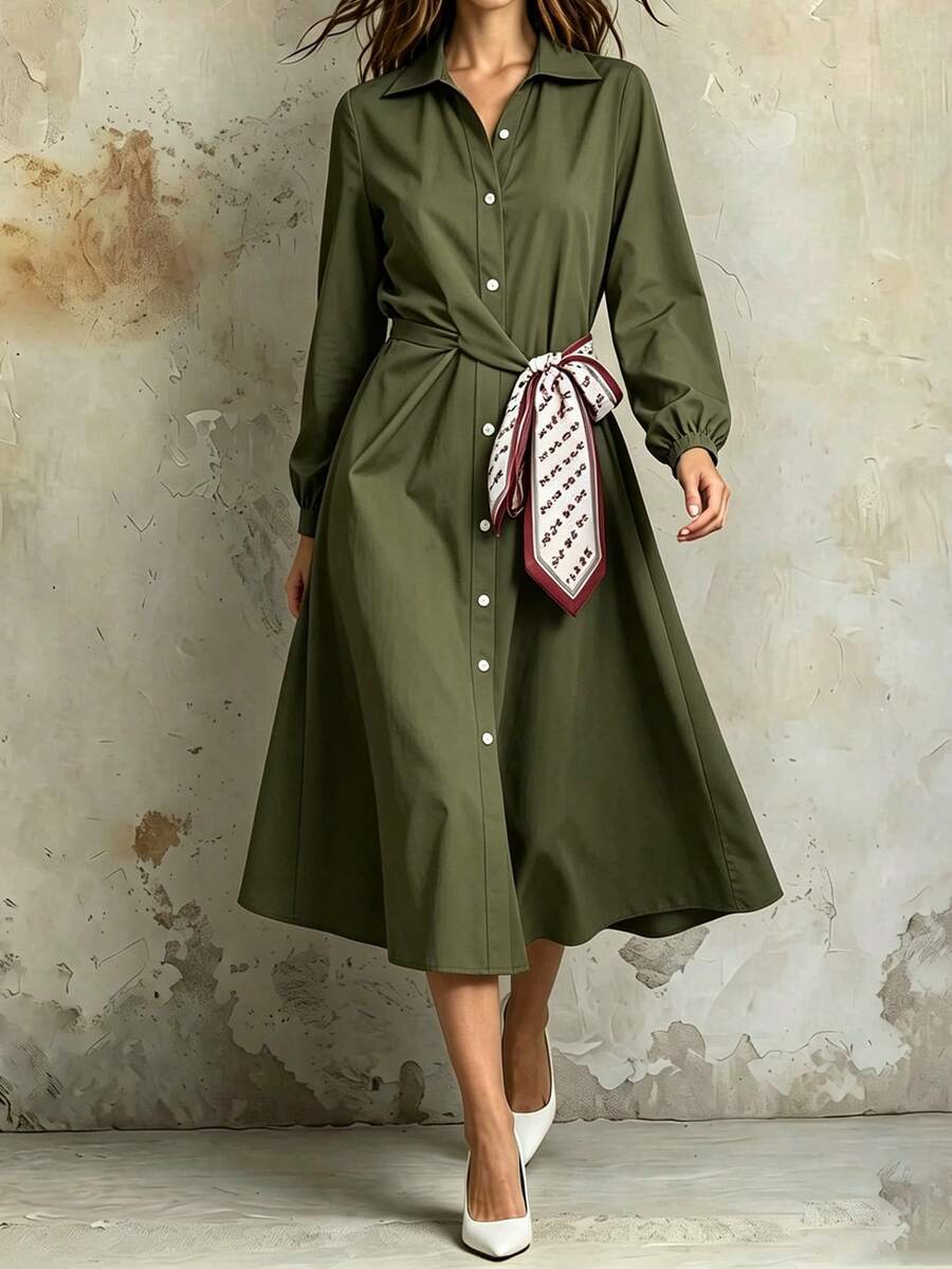 Franclia Vestido camisa de retazos de unicolor de moda - Verde militar - Ver 1